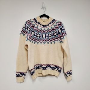 Vtg Woolrich Fair Isle Knit Sweater Size L Cream Blue Pink Wool Mohair Cabincore